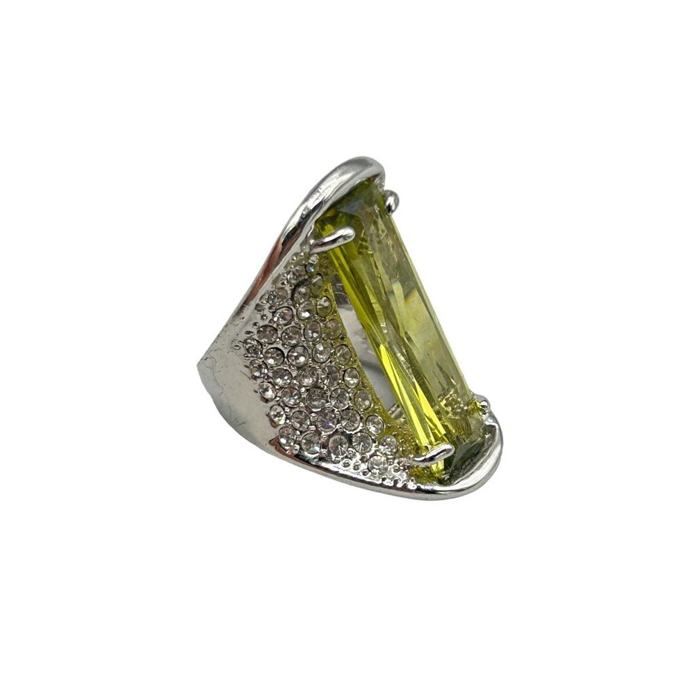 Fancy Statement Ring Size 6 Wide Cocktail Ring with Elongated Green Glass Stone
